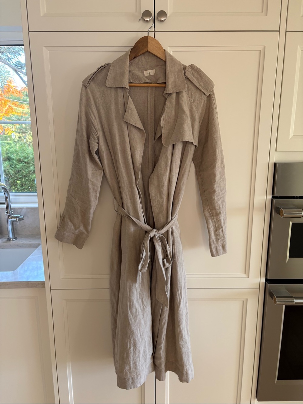 NAIF Light Taupe Linen Trench Wrap Coat